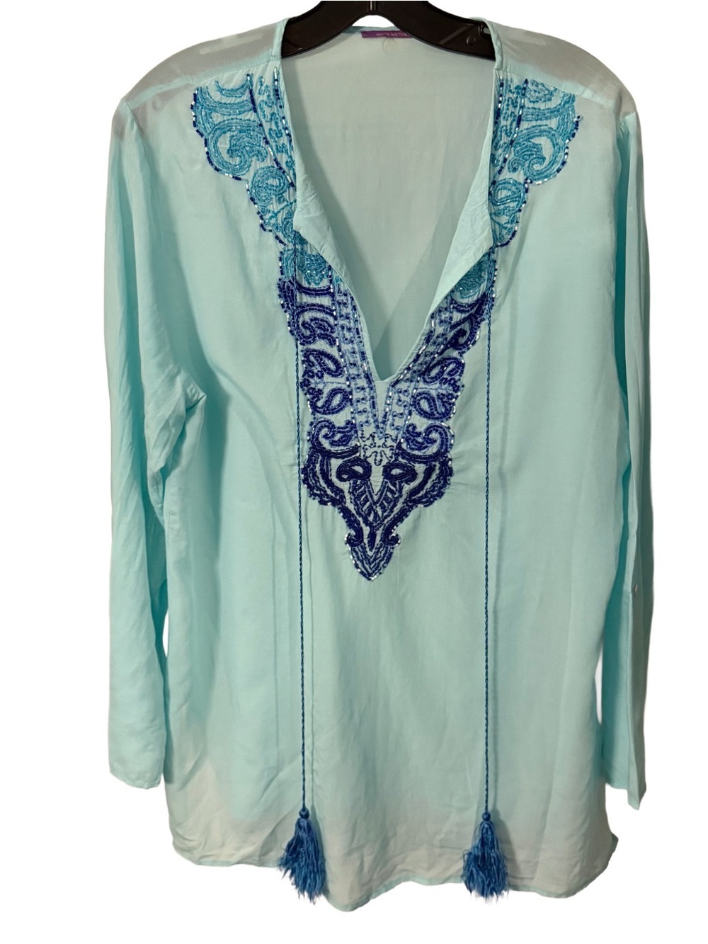Amita Naithani Beaded V-Neck Tunic Dress / Beach Cover Up Teal W/ Navy Sz M